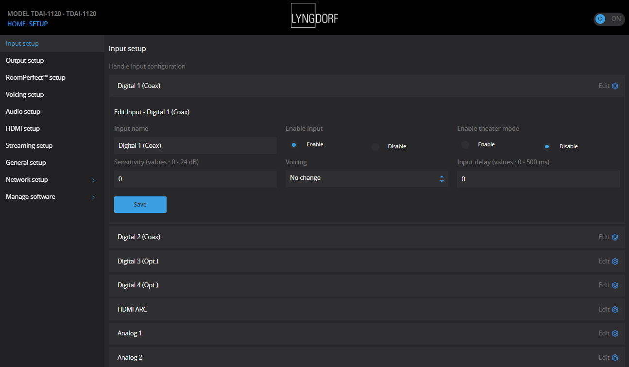 Lyngdorf Web UI Setup Input
